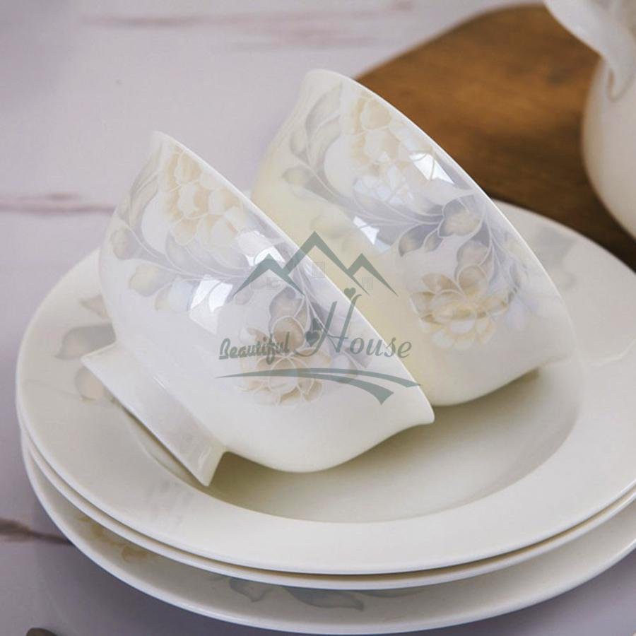Bộ Bát Đĩa Cao Cấp [LẺ] - Bộ Bát Đĩa Sứ Xương Đẹp Hoạ Tiết Hoa Trắng M05
