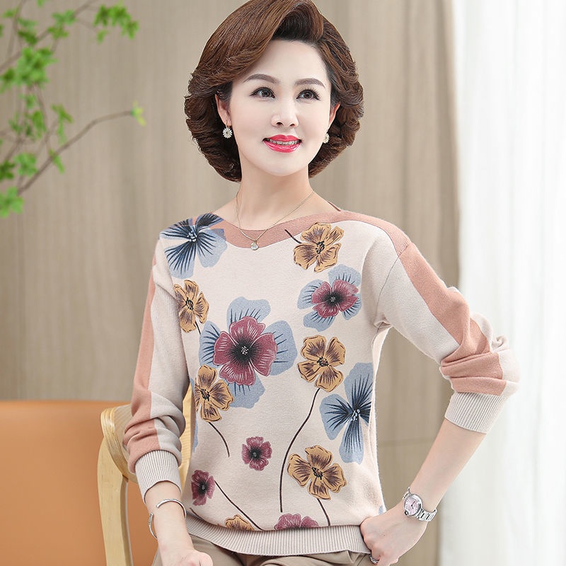Mẹ mới mùa thu dài tay phụ nữ trung niên mùa xuân và mùa thu mỏng dệt kim hàng đầu quần áo cũ