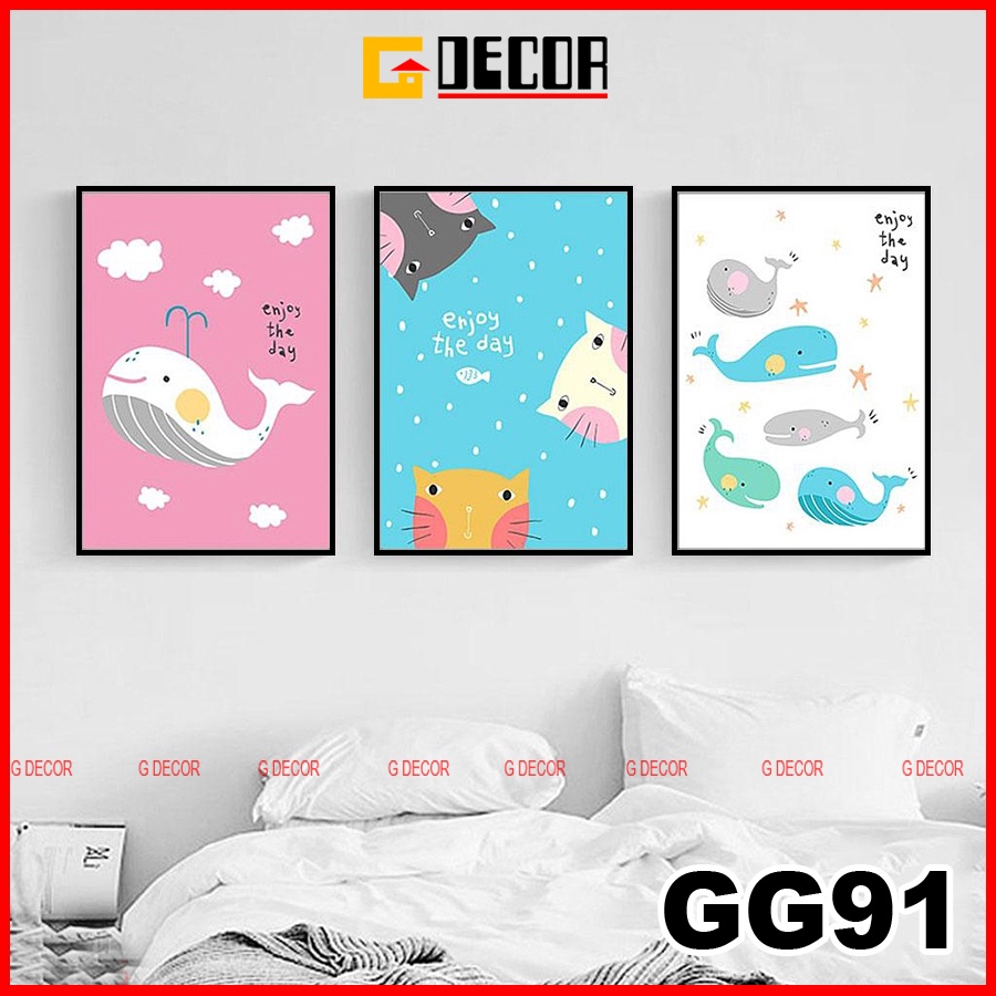 Tranh treo tường canvas khung gỗ 3 bức phong cách hiện đại Bắc Âu tranh anime trang trí phòng khách phòng ngủ spa 91