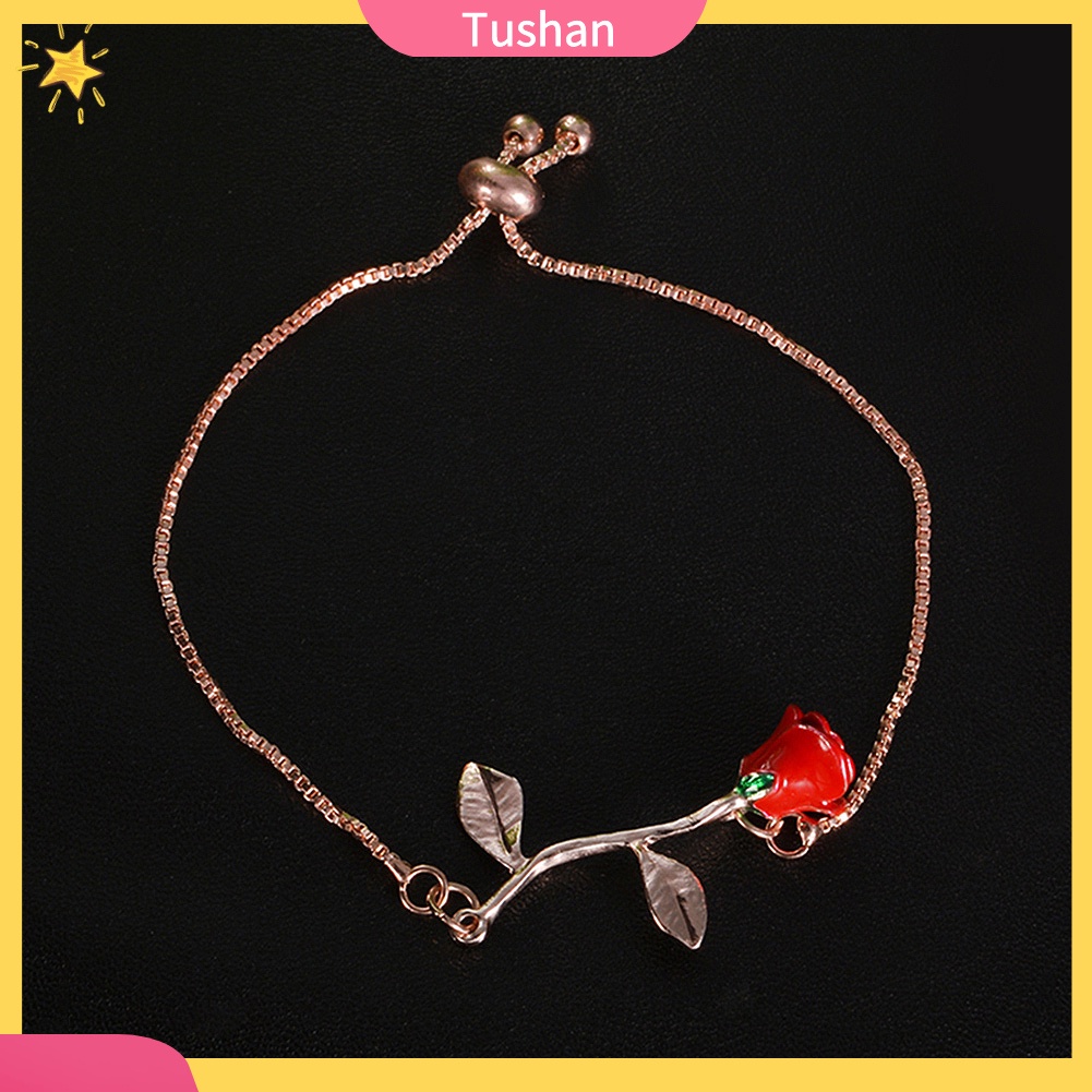 TUSH_Elegant Rose Pendant Wristband Bracelet Adjustable Bangle Women Jewelry Gift