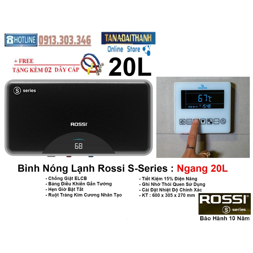 Bình nóng lạnh gián tiếp Rossi S-Series 20 LÍT NGANG, chính hãng, bảo hành 10 năm toàn quốc, tân á đại thành online