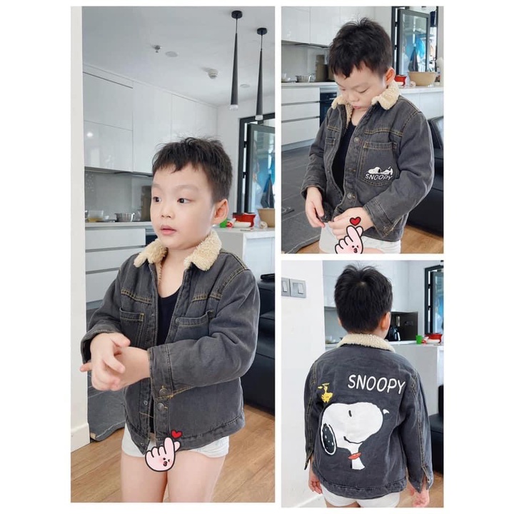 Áo Bò Snoopy Đen Cổ Lông Cho Bé Trai
