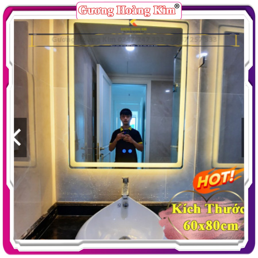 Gương chữ nhật phòng tăm treo tường đèn led cảm ứng 3 màu + phá sương kích thước 60x80 cm - guonghoangkim mirror HK-3001