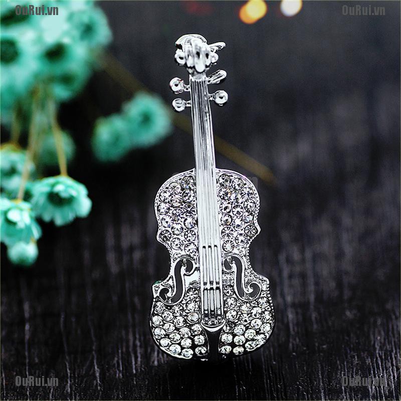 {FCC}Trâm cài hình cây đàn violin mạ vàng bạc đính đá thời trang{OuRui.vn}