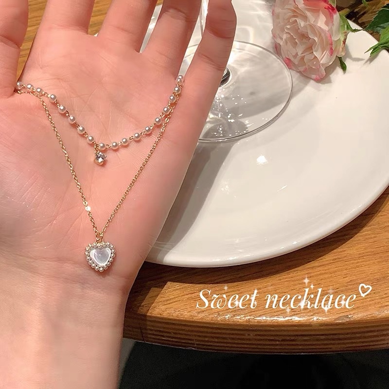 Ahellogirl Vòng cổ Mạ Vàng Hai Lớp Đính Hạt Ngọc Trai Và Hình Trái Tim Phong Cách Sang Trọng Dành Cho Nữ