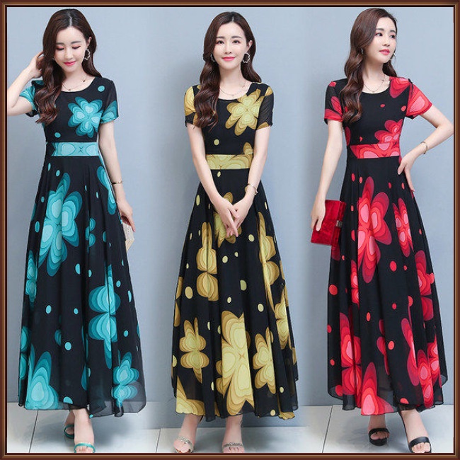 Đầm Chiffon Dài Ôm Eo Tay Ngắn Cổ Tròn In Họa Tiết Hoa Phong Cách Bohemian Thời Trang Mùa Hè Cho Nữ