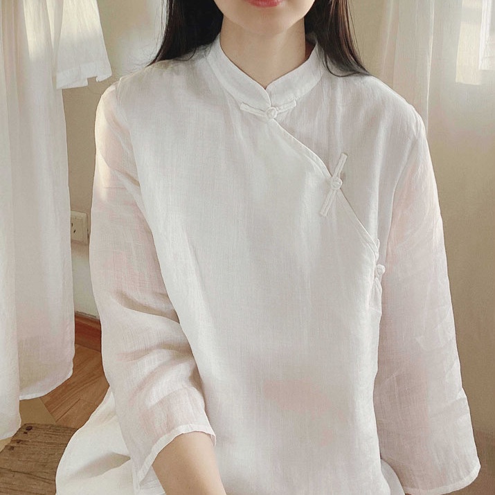 Áo Sơ Mi Cotton Lanh Nguyên Chất Dáng Rộng Phong Cách Trung Hoa Cổ Điển Cho Nữ