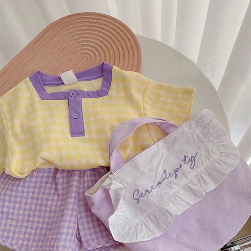 Set Áo Thun Cotton Ngắn Tay Và Quần Short Sọc Ca Rô Màu Tím Thời Trang Mùa Hè Hàn Quốc Mới Cho Bé Gái 2023