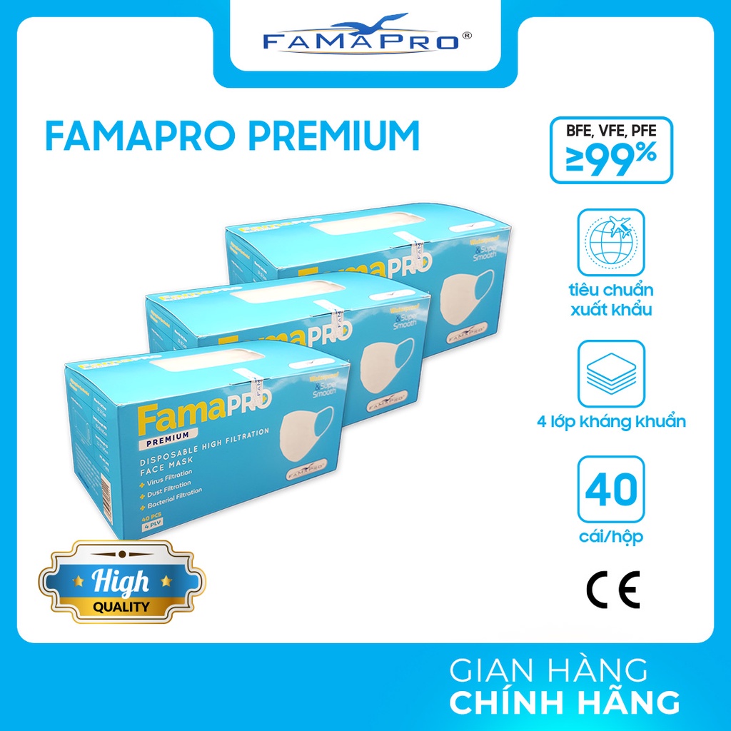 [PREMIUM- COMBO 3- HỘP 40 CÁI] Khẩu trang y tế cao cấp 4 lớp kháng khuẩn Famapro Premium