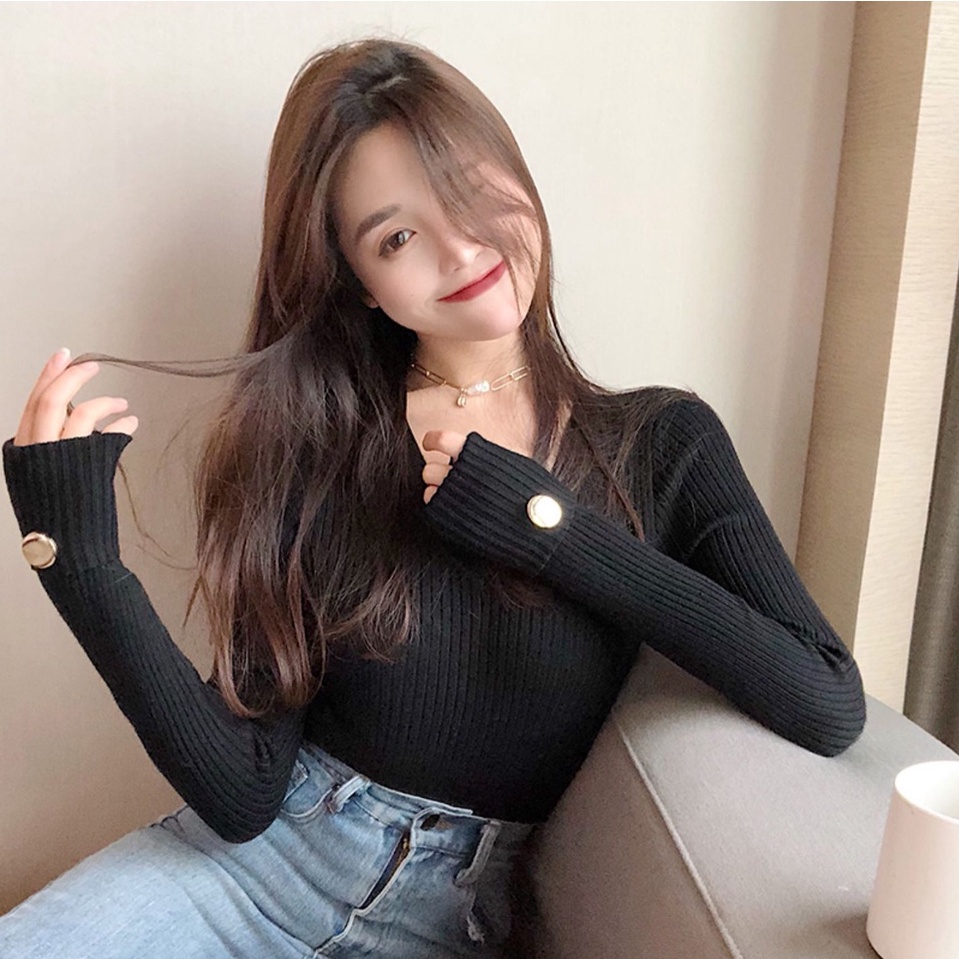 Áo dệt kim ZHELIHANGFEI tay dài cổ chữ V thời trang quyến rũ cho nữ