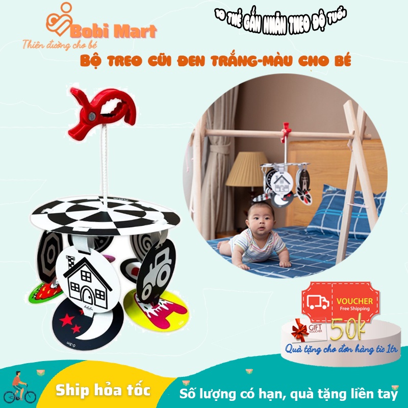 Bộ treo cũi đen trắng-màu cho bé, 10 thẻ gắn nhãn theo độ tuổi, thương hiệu Lalala Baby, Đồ chơi cho bé!
