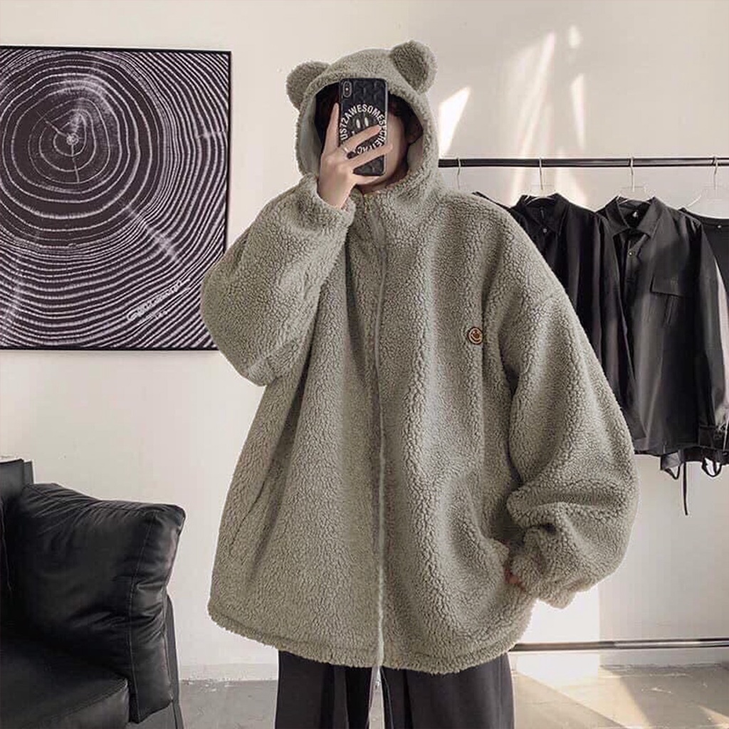 💃 Áo Khoác Lông Tai Gấu Logo Mặt Cười Dáng Rộng unisex annastore chất lông cừu dày dặn cực ấm | BigBuy360 - bigbuy360.vn