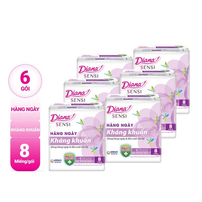 Lốc 6 gói băng vệ sinh Diana hàng ngày kháng khuẩn siêu thấm 8 miếng