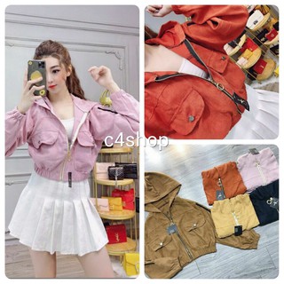 Áo khoác nhung nữ form lửng thời trang phối túi hộp siêu xinh