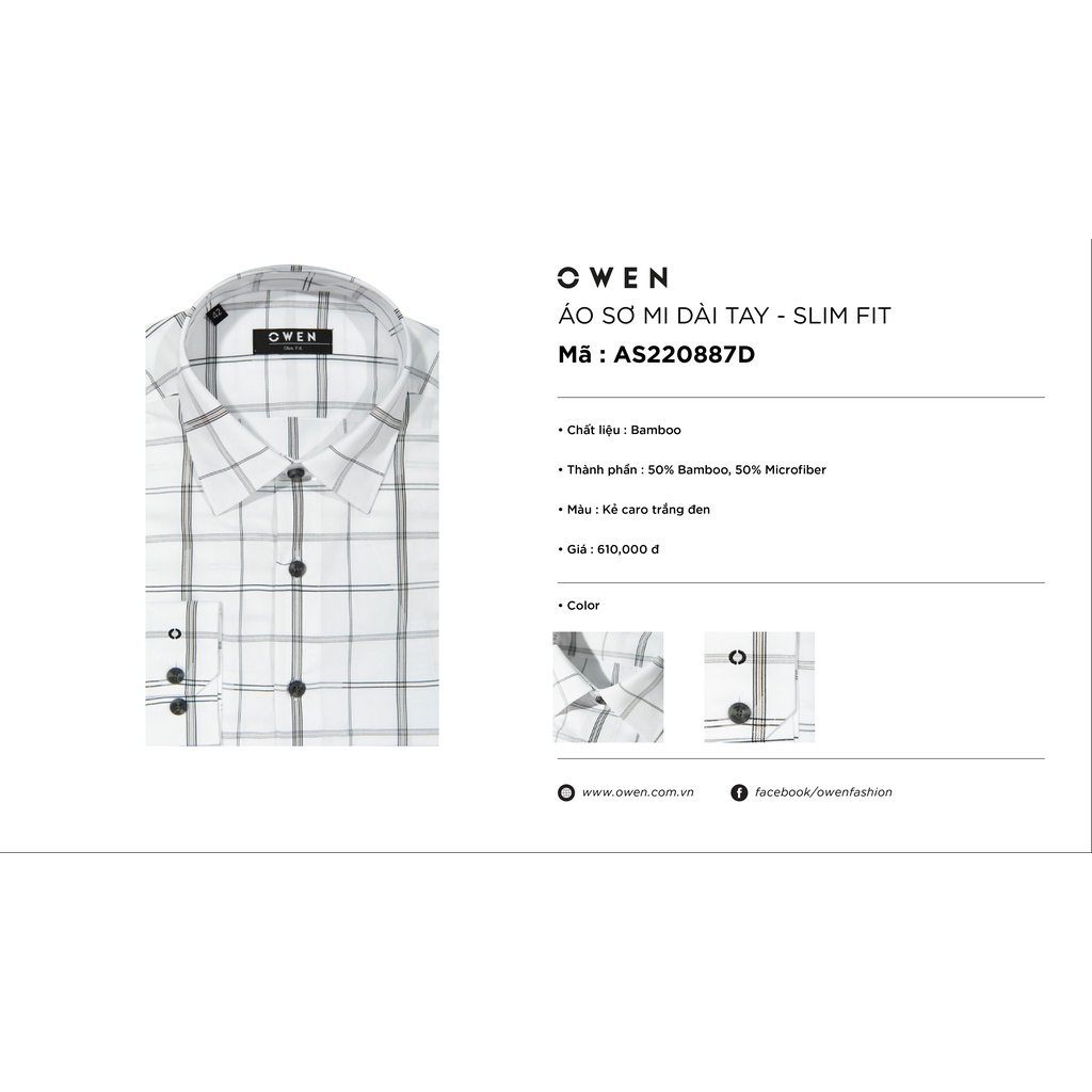 Áo Sơ Mi Nam Dài Tay OWEN AS220887D Somi Công Sở Vải Sợi Tre Cao Cấp Màu Kẻ Caro Trắng Đen Dáng Ôm Tà Lượn Không Túi