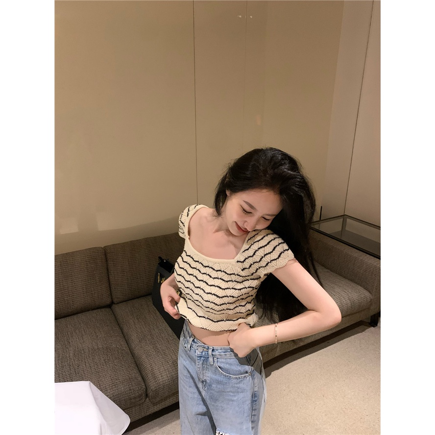 Cocory vn Áo Thun Dệt Kim Ngắn Tay Cổ Vuông Họa Tiết Kẻ Sọc Form Ôm Thời Trang Mùa Hè