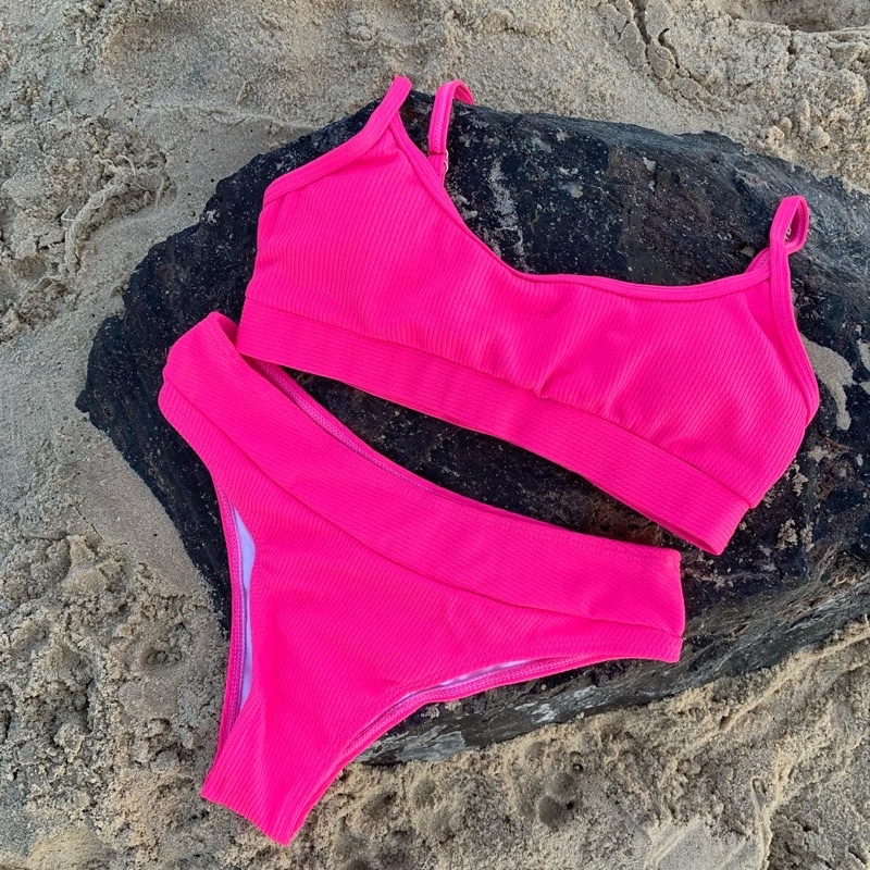 Bikini 2 mảnh thun gân màu neon