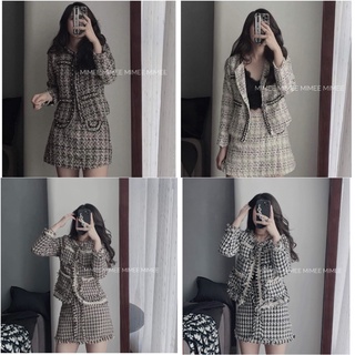 Set tweed áo khoác + chân váy túi nắp mimee