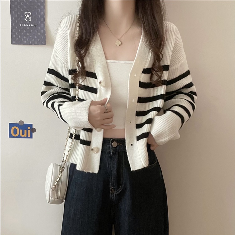Áo khoác cardigan ZHELIHANGFEI dệt kim họa tiết kẻ sọc phong cách retro dễ phối đồ cho nữ