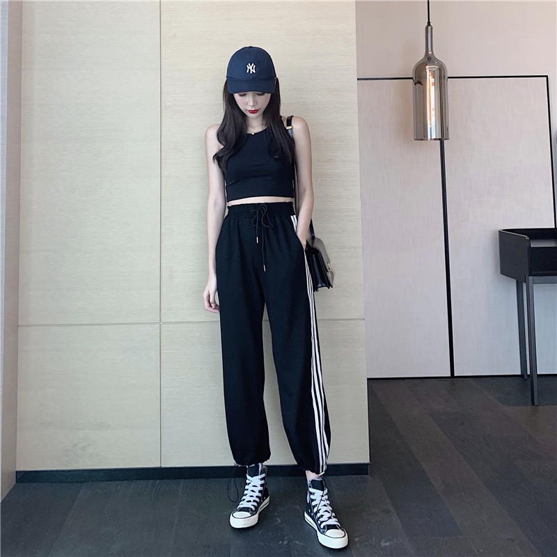 SUXI Quần dài form rộng lưng cao họa tiết kẻ sọc phong cách Hàn Quốc