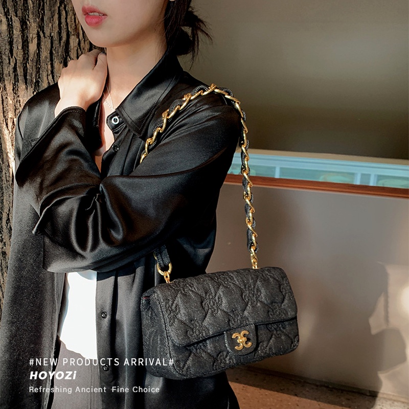 Túi denim Mềm Hình Vuông Nhỏ Họa Tiết Kẻ Sọc Đính Đá Có Khóa Gài Thời Trang Mùa Hè 2022 Gylb1410