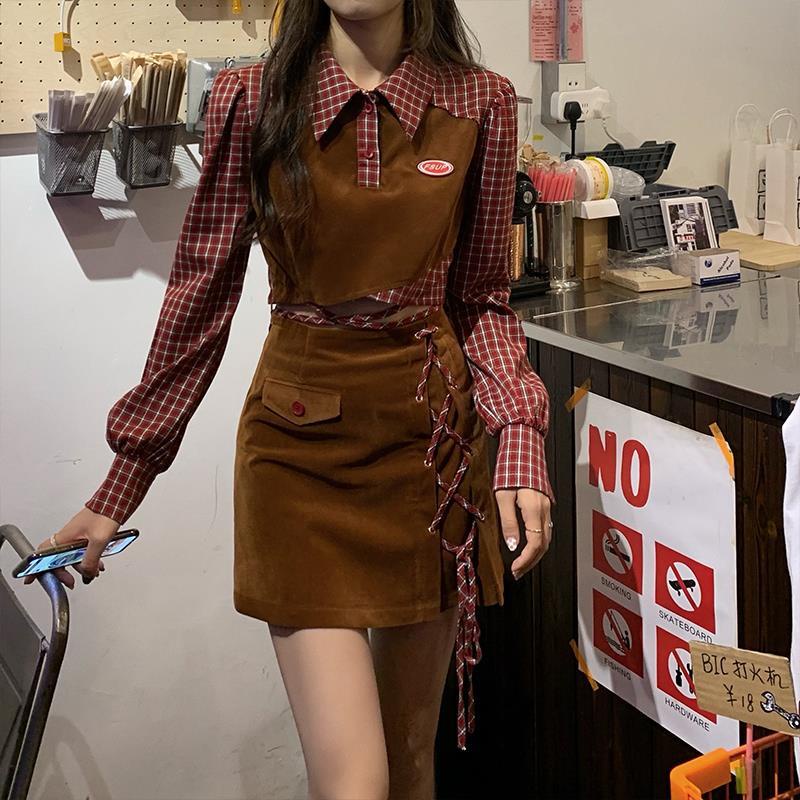 Set áo họa tiết kẻ sọc caro + chân váy cho nữ có bán lẻ