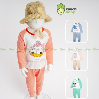 Bộ Dài Tay Cho Bé Gái, Bé Trai Minky Mom Vải Thun Lạnh Hoạ Tiết Hoạt Hình Tay Sọc, Bộ Quần Áo Trẻ Em Thu Đông MKMTD2133