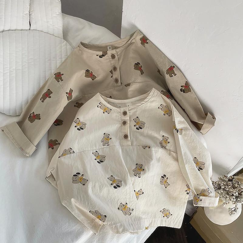 Áo Sơ Mi Cotton Lanh Tay Dài In Họa Tiết Gấu Hoạt Hình Phong Cách Hàn Quốc Cho Bé Trai Và Gái