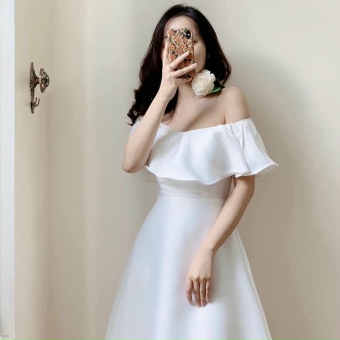 Đầm váy freesize trắng trễ vai