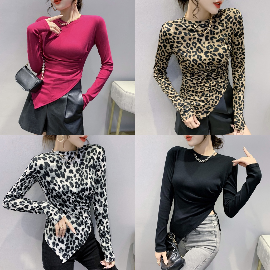 Áo thun tay dài in họa tiết da báo thời trang cho nữ áo sơ mi dài tay nữ