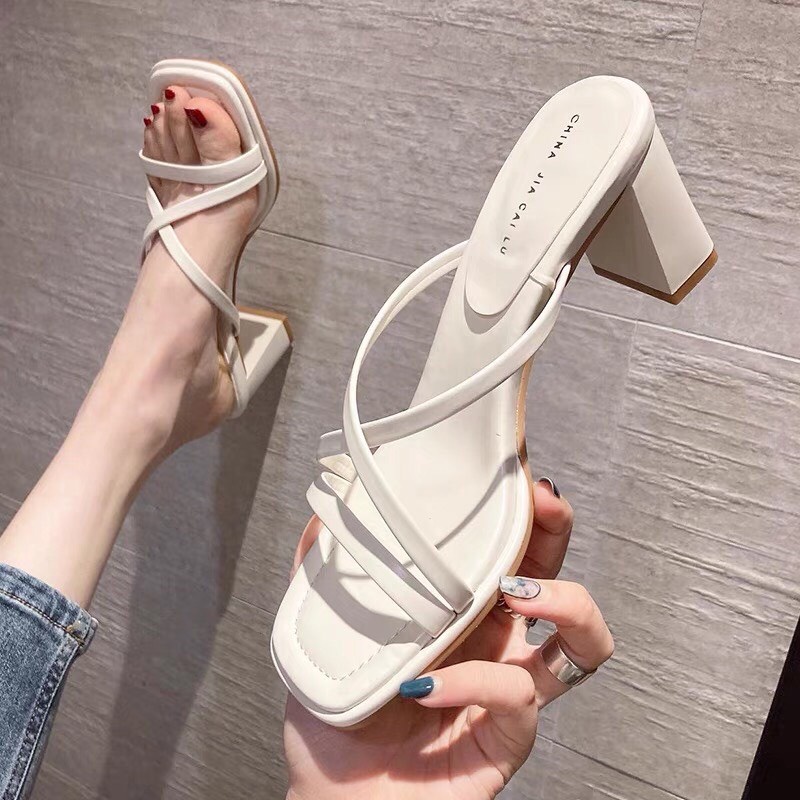 Guốc Dây Đan Cao Gót 7P 2 Màu Đen Kem Mã G4