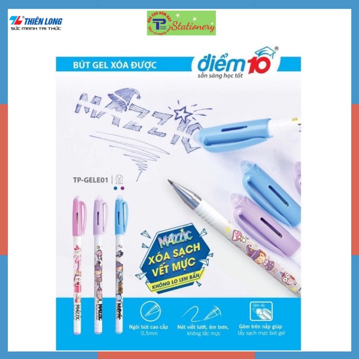 Bút gel xóa được Điểm 10 Mazzic GELE01, GELE02 ngòi 0.5mm đầu gôm xóa được hàng chính hãng Thiên Long