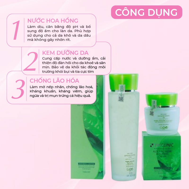 Bộ Skincare dưỡng ẩm 3W CLINIC Hàn Quốc chiết xuất Lô Hội giúp se khít lỗ chân lông mềm mịn da [ Nước hoa hồng + Kem ]