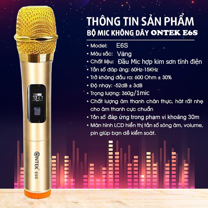 BỘ MICRO CHUYÊN KARAOKE KHÔNG DÂY ONTEK E6S DÙNG CHO MỌI LOA KÉO, AMPLY – BẢO HÀNH 12 THÁNG