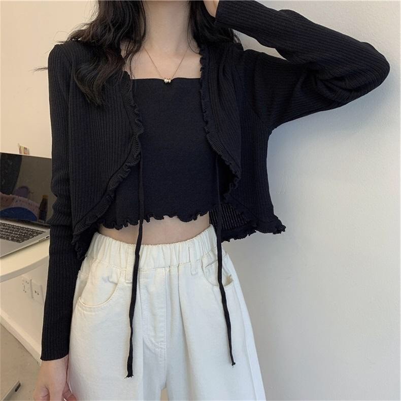 SET 2 MÓN ÁO CROPTOP DÀI TAY TĂM DÂY RÚT NỮ :cherry_blossom: ÁO CARDIGAN NGẮN VIỀN BÈO + ÁO QUÂY BODY TRẮNG | ĐEN ULAzan