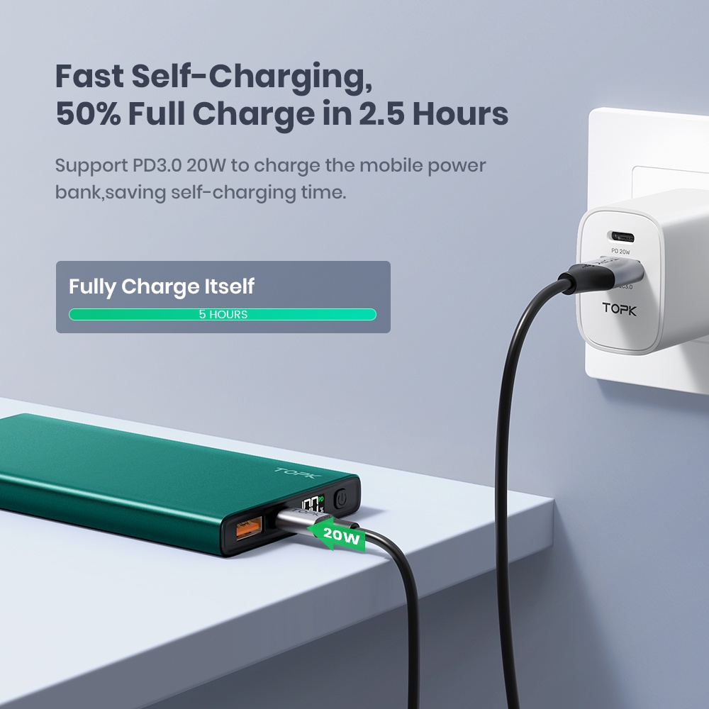 Sạc dự phòng TOPK USB Type C 20W PD QC3.0 10000mAh màn hình hiển thị LED