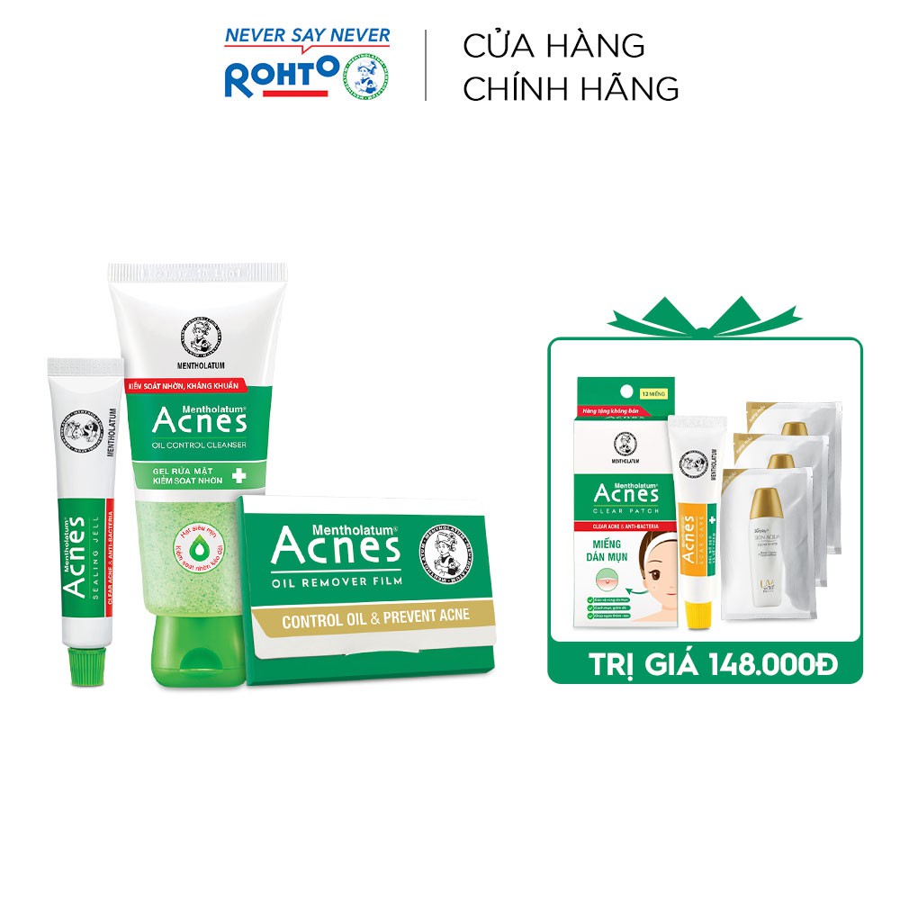 Bộ sản phẩm Acnes kiểm soát dầu dành cho da dầu/da hỗn hợp+Tặng miếng dán mụn&Gel mờ thâm Acnes+3 Gói chống nắng Sunplay