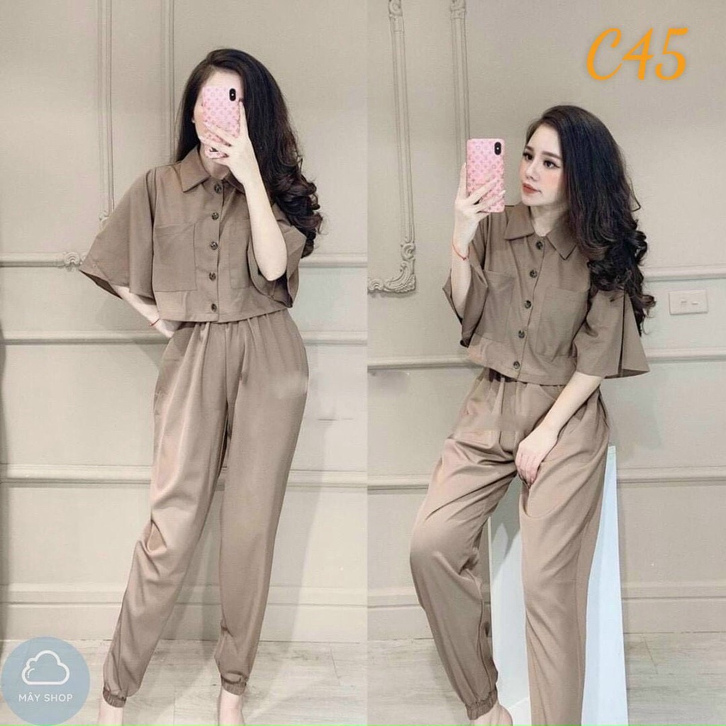 SET BỘ QUẦN ỐNG SUÔNG ÁO SƠ MI CROPTOP NGẮN TAY TÔN DÁNG SIÊU XINH