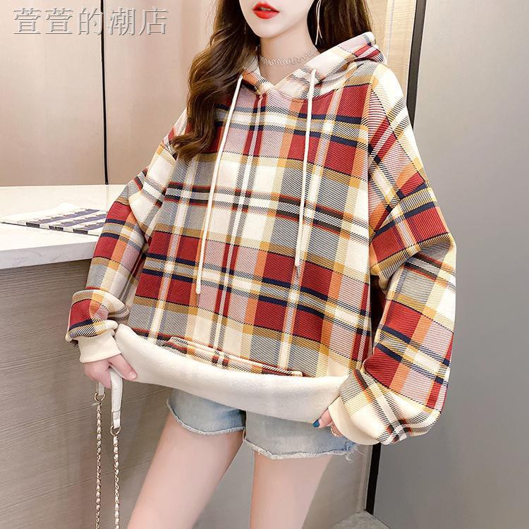 Áo Hoodie Cotton Dáng Dài Kẻ Sọc Caro Trẻ Trung Năng Động Cho Nữ