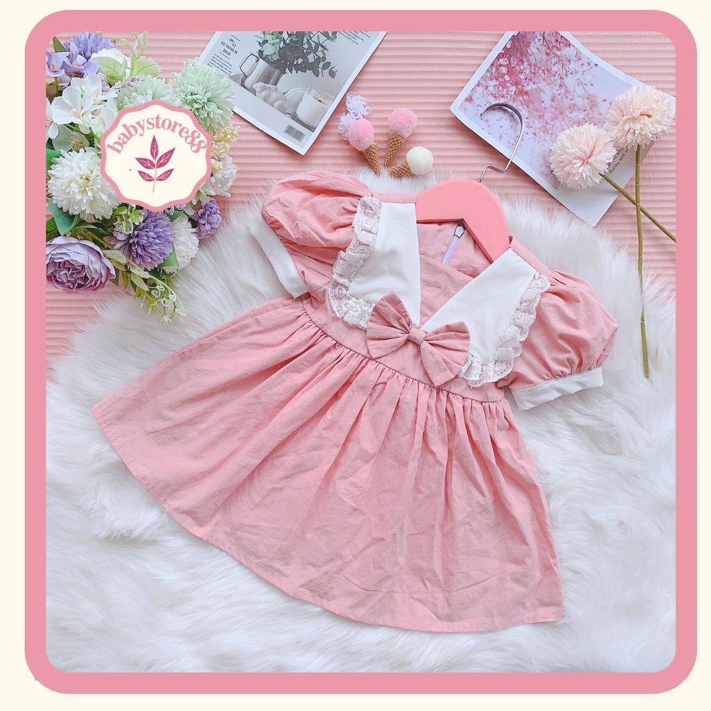 Đầm hồng bé gái cộc tay - BABYSTORE88, Váy trẻ em đi học 1 2 3 4 5 6 7 8 tuổi hàng thiết kế cao cấp V27