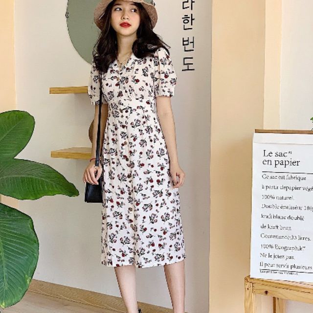 Đầm hoa vintage nút gỗ