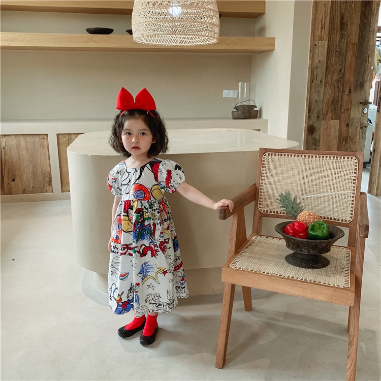 Đầm   tay ngắn hở lưng họa tiết graffiti thời trang mùa hè cho bé gái 1-6 tuổi