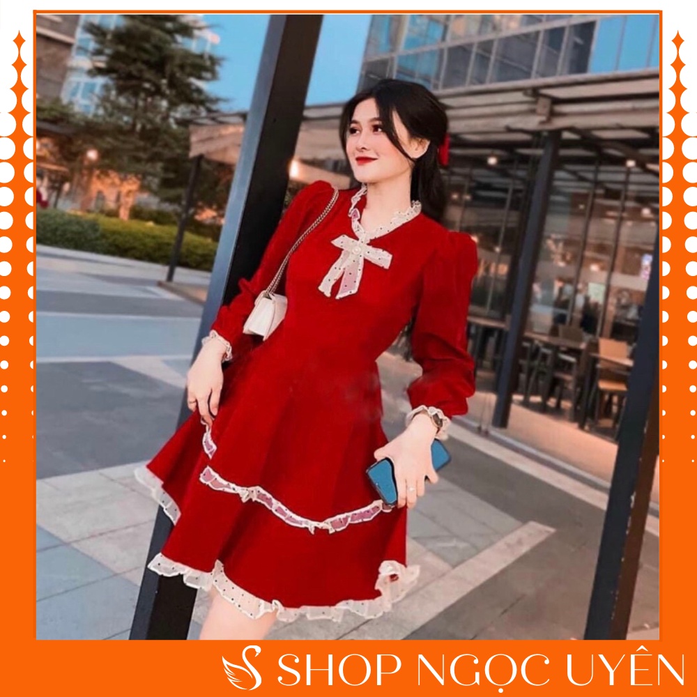 Đầm ren 💕 Váy xoè đỏ phối ren 2 tầng viền ren có nơ cao cấp đi chơi , đi đám cưới , đi du lịch - Ngọc Uyên Store