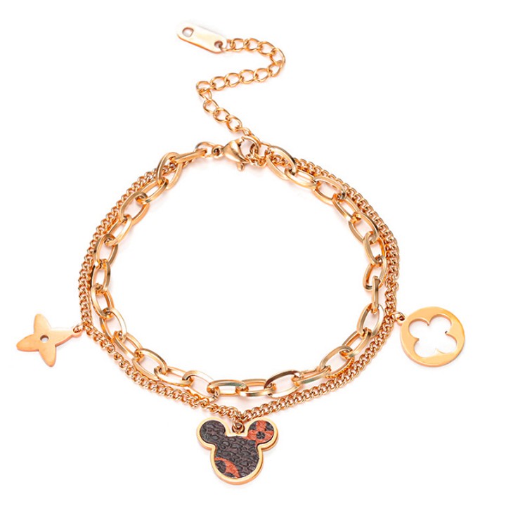 Lắc tay titan cao cấp 2 tầng hình chuột rớt hoa 4 cánh siêu đẹp, bền màu, hợp thời trang mang cá tính độc đáo