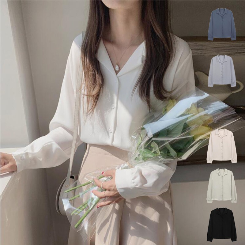 Áo sơ mi chiffon SUXI tay dài cổ vest 6 màu phong cách Hàn Quốc đơn giản cho nữ