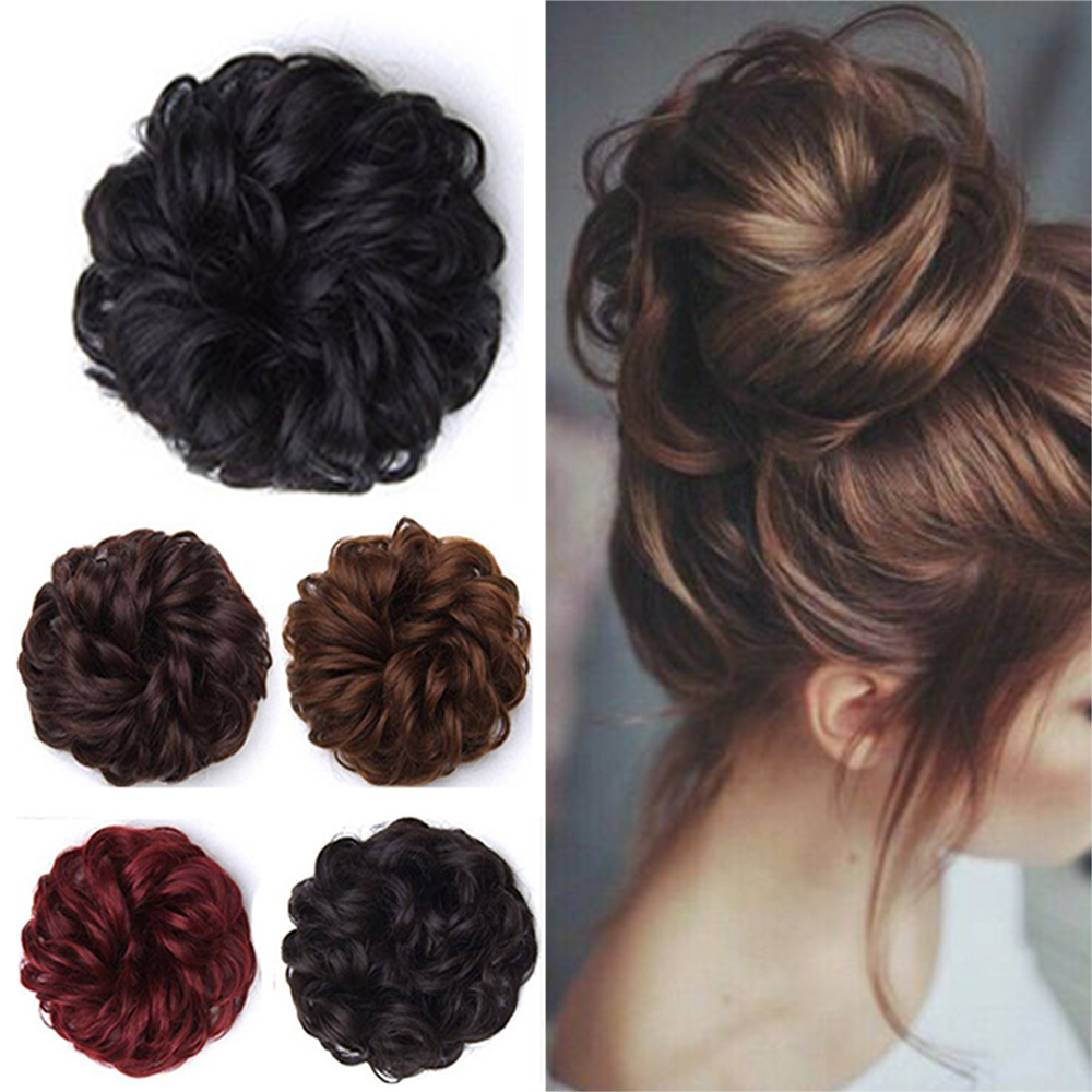 [COD] Women Messy Hair Donut Bun Brown Elastic Band Synthetic hair Rubber Band Hairpieces Black Natural Fake Hair Drawstring Curly Chignon/Multicolor