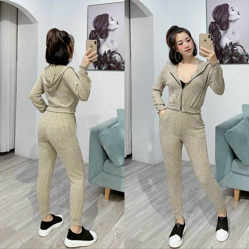 Set Đồ Nữ Len Dài Tay Mũ - 5 Mầu Vàng Xám Nâu Xám Xanh -  Hanlly Fashion - ĐB1