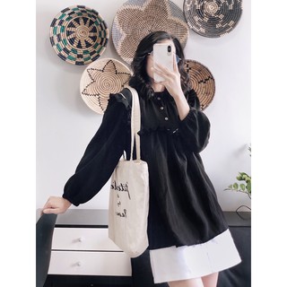 (Mặc được 2 mặt trước và sau)Áo kiểu đen tay bo chun nút gỗ,bèo phối trắng
