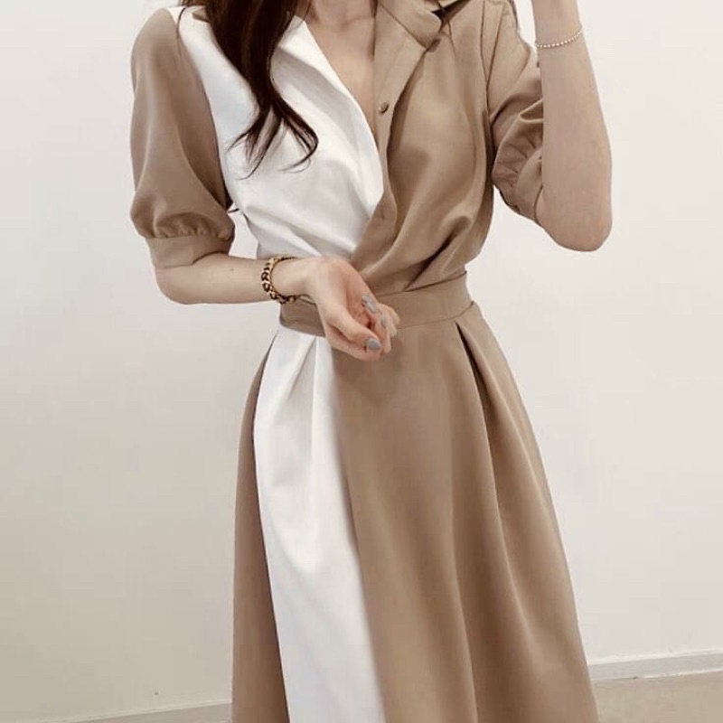 Đầm váy freesize sơ mi phối trắng form dài 2 màu
