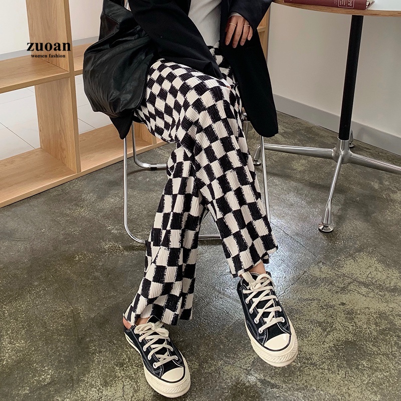 SUXI Quần dài ống rộng họa tiết caro thời trang phong cách Hàn Quốc cho nữ